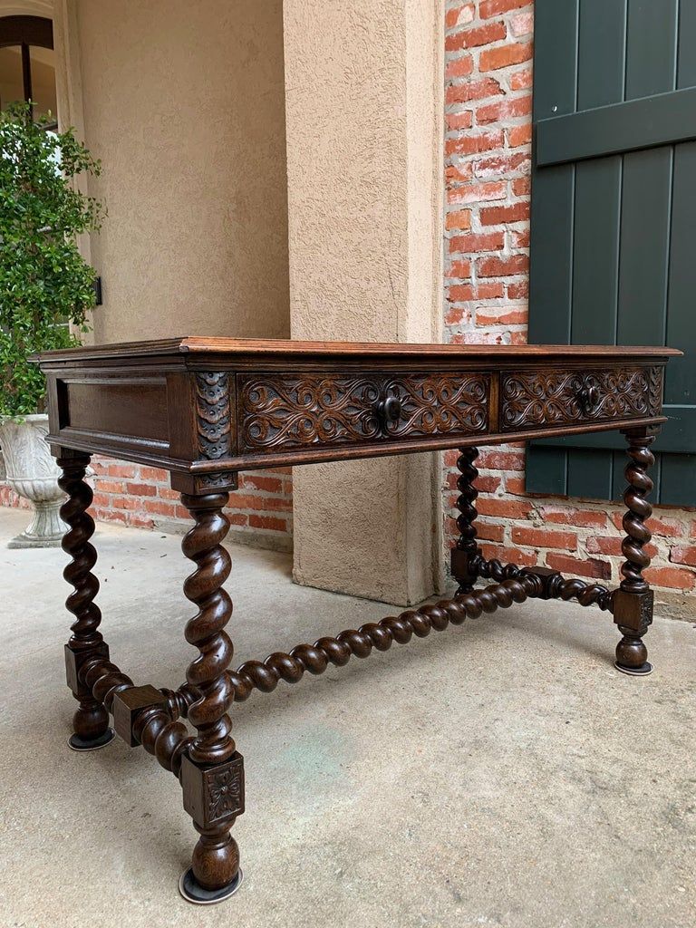 Antique English Carved Oak Barley Twist Library Desk Leather Top Hall In Vintage Coal Console Tables (View 16 of 20)