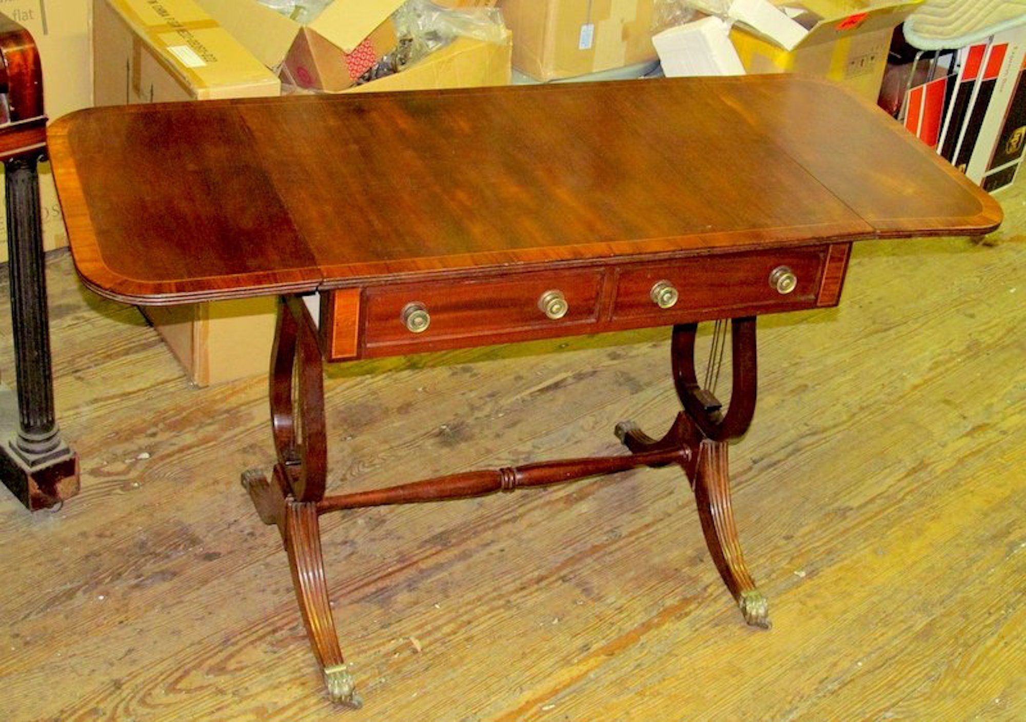 Antique English George Iv Inlaid Mahogany Regency Drop Leaf Sofa Table Regarding Antiqued Gold Leaf Console Tables (Gallery 20 of 20)