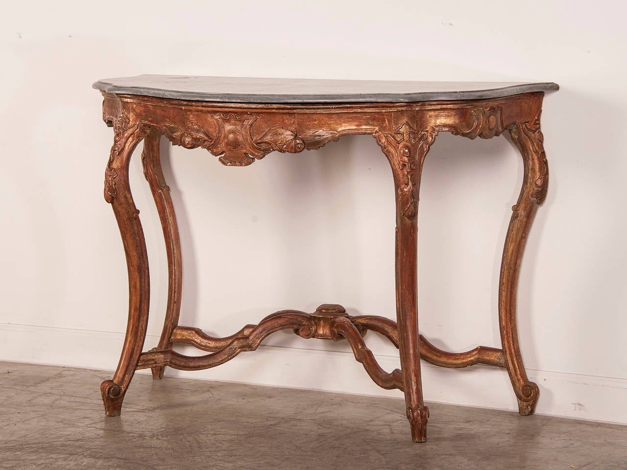 Antique French Louis Xv Gold Leaf Console Table, Original Marble Top Inside Antique Console Tables (View 5 of 20)