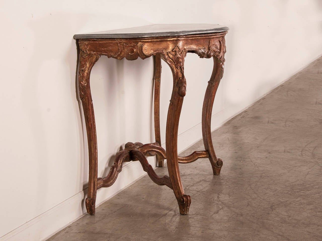 Antique French Louis Xv Gold Leaf Console Table, Original Marble Top With Regard To Antique Gold Aluminum Console Tables (View 13 of 20)