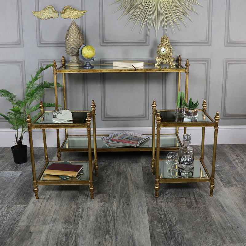 Antique Gold Mirrored Console Table With 2 Side Tables – Melody Maison® In Gold Console Tables (View 7 of 20)