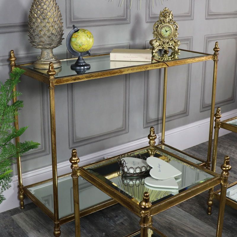 Antique Gold Mirrored Console Table With 2 Side Tables – Melody Maison® Throughout Antique White Black Console Tables (View 17 of 20)