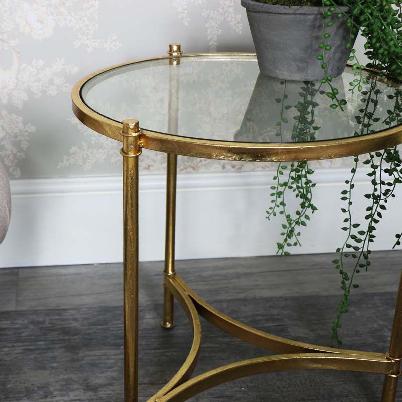 Antique Gold Round Glass Top Side Table | Flora Furniture Within Antique Gold And Glass Console Tables (View 16 of 20)