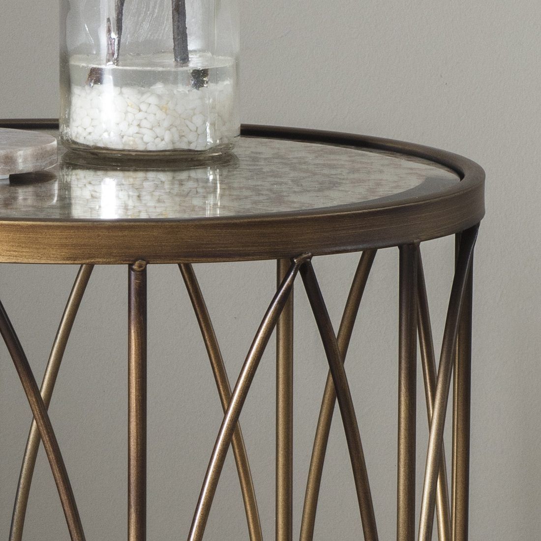 Antique Gold Round Side Table With Vintage Mirror Top | Primrose & Plum Throughout Antique Gold And Glass Console Tables (View 11 of 20)
