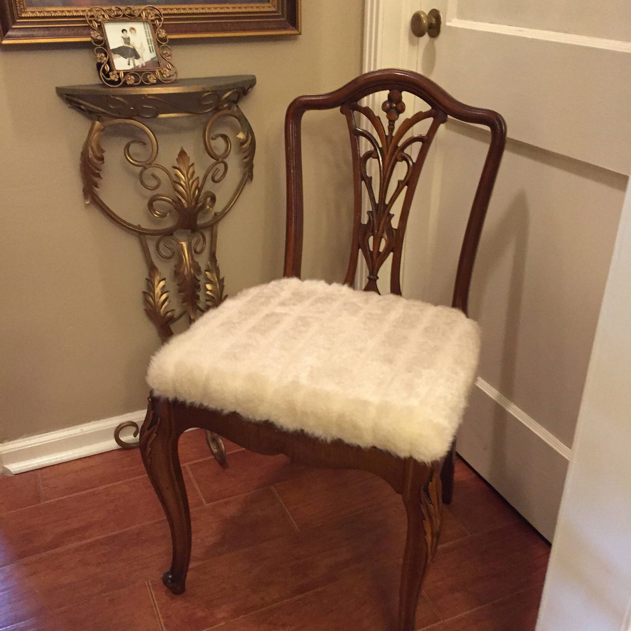 Antique Mahogany French Hand Carved Chair With Faur Fur Seat | Etsy Intended For Cream And Gold Hardwood Vanity Seats (View 1 of 20)