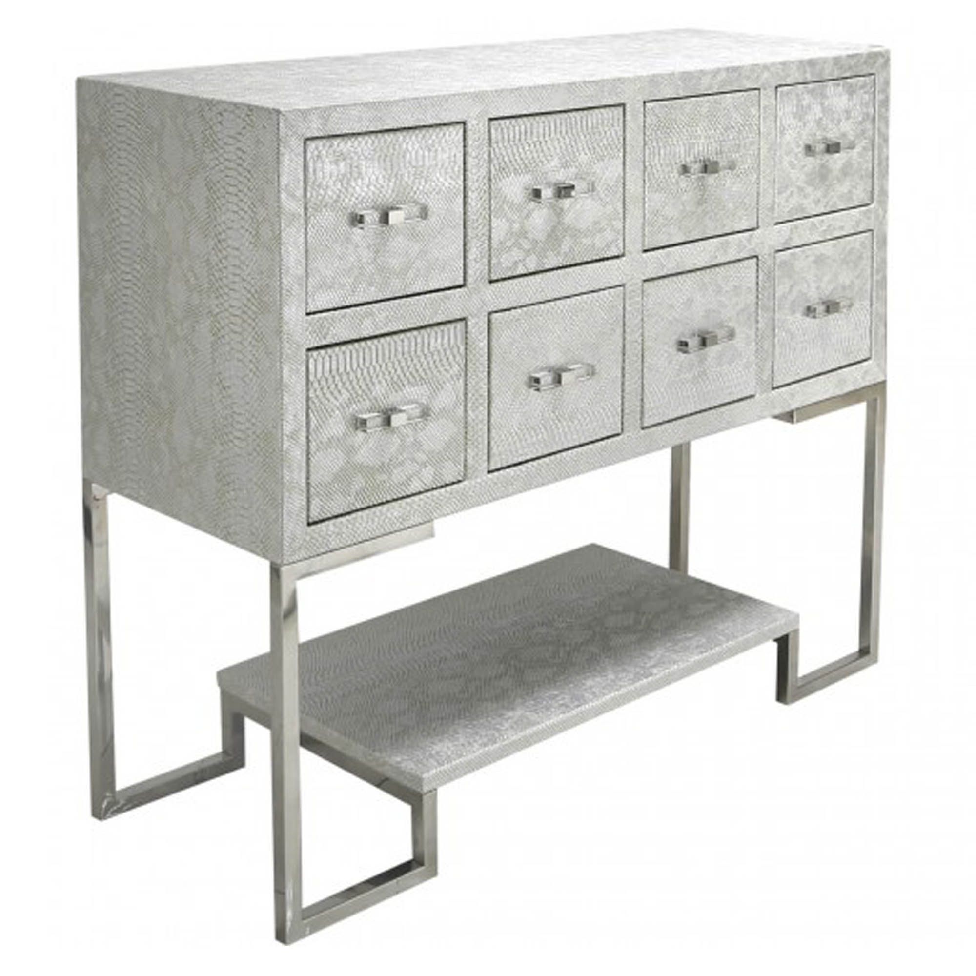 Antique Silver Faux Snakeskin 8 Drawer Console Table | Homesdirect365 Regarding Antique Silver Aluminum Console Tables (View 17 of 20)