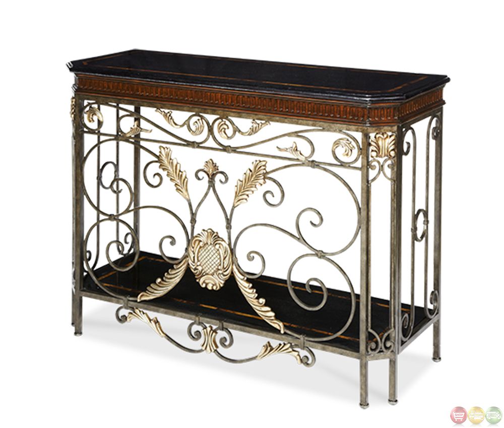 Antique Style Ornate Gold Accent And Leaf Design Console Table Inside Antique Brass Aluminum Round Console Tables (View 16 of 20)