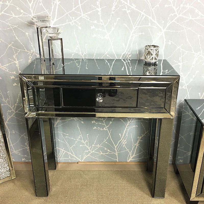 Arctic Noir Smoked Black Mirrored 1 Drawer Dressing Console Table With Mirrored Console Tables (View 15 of 20)