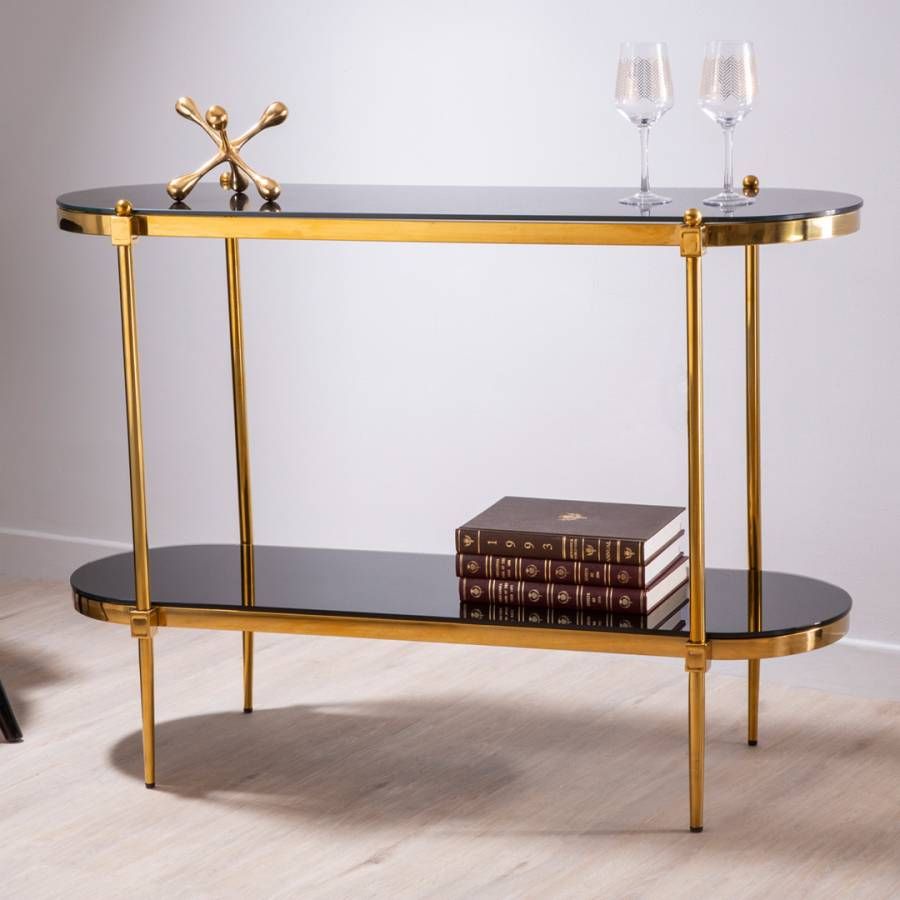 Arezzo Console Table, Black Tempered Glass, Gold Finish Stainless Steel Regarding Glass And Stainless Steel Console Tables (View 3 of 20)
