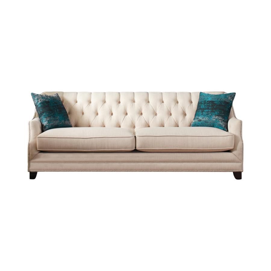 Artemis Tufted Tight Back Sofa Beige | Quality Furniture At Affordable Pertaining To Ecru And Otter Console Tables (View 10 of 20)