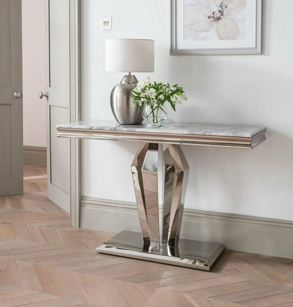 Arturo Grey Marble & Chrome Console Table For Marble Console Tables Set Of  (View 3 of 20)