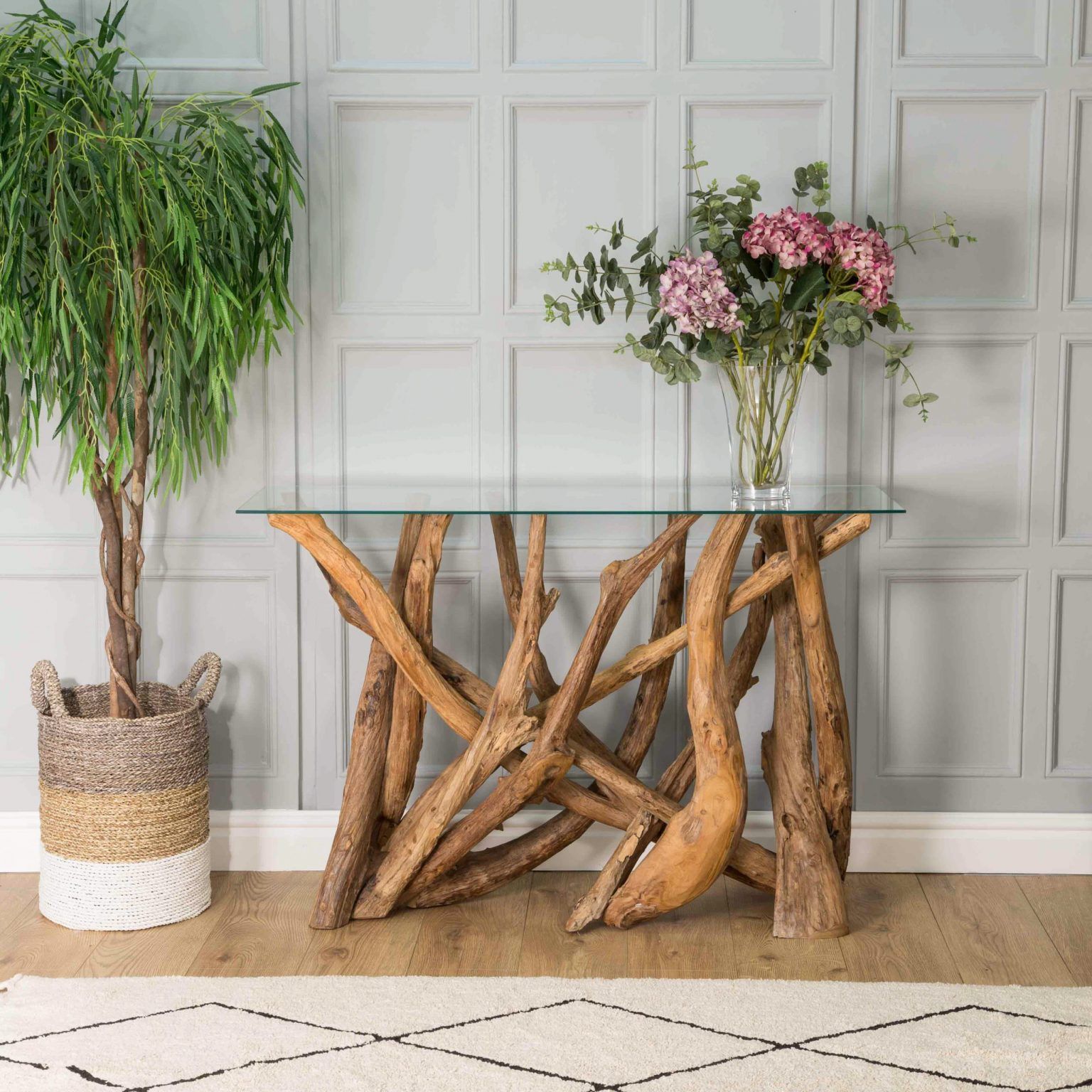 Ashdown Natural Teak Root Console Table With Glass • Collingwood Batchellor In Natural Seagrass Console Tables (View 8 of 20)