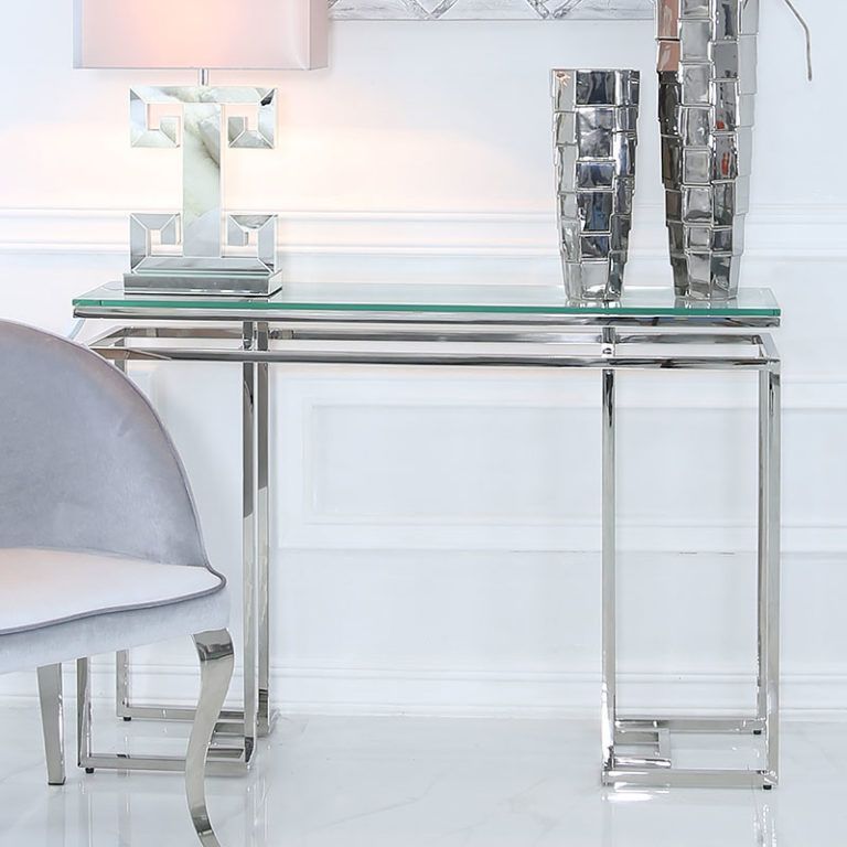 Ashton Glass And Stainless Steel Console Table Hallway Table | Picture Regarding Silver Stainless Steel Console Tables (View 3 of 20)