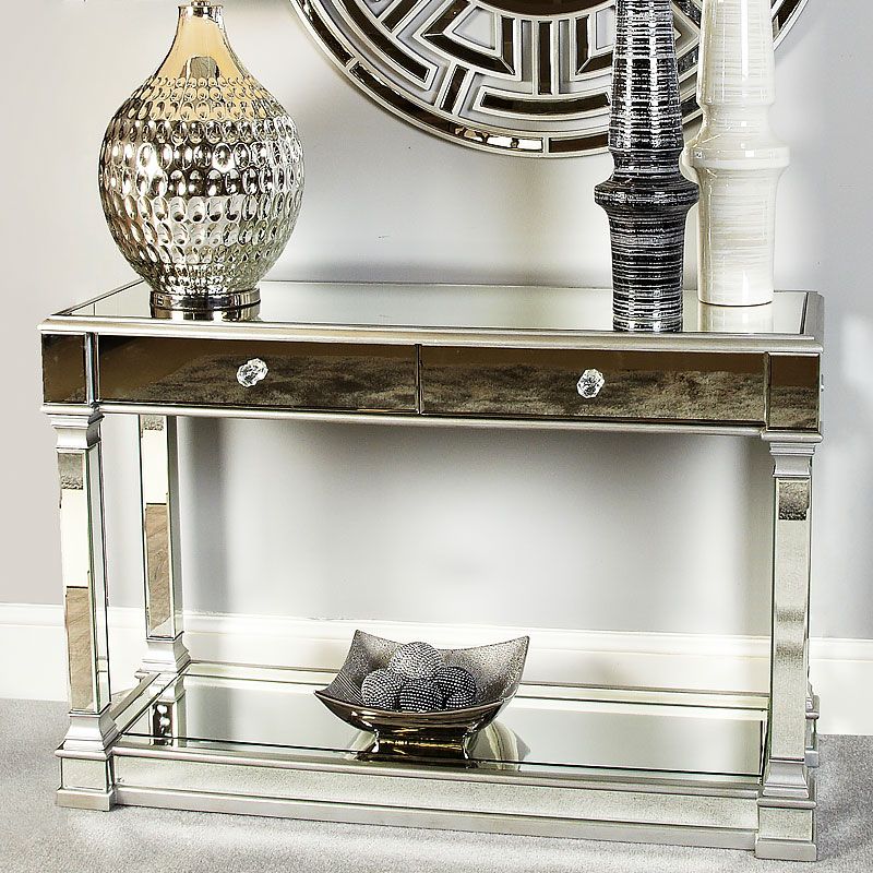 Athens Antique Silver Mirrored 2 Drawer Console Table Dressing Table In Mirrored Console Tables (View 7 of 20)