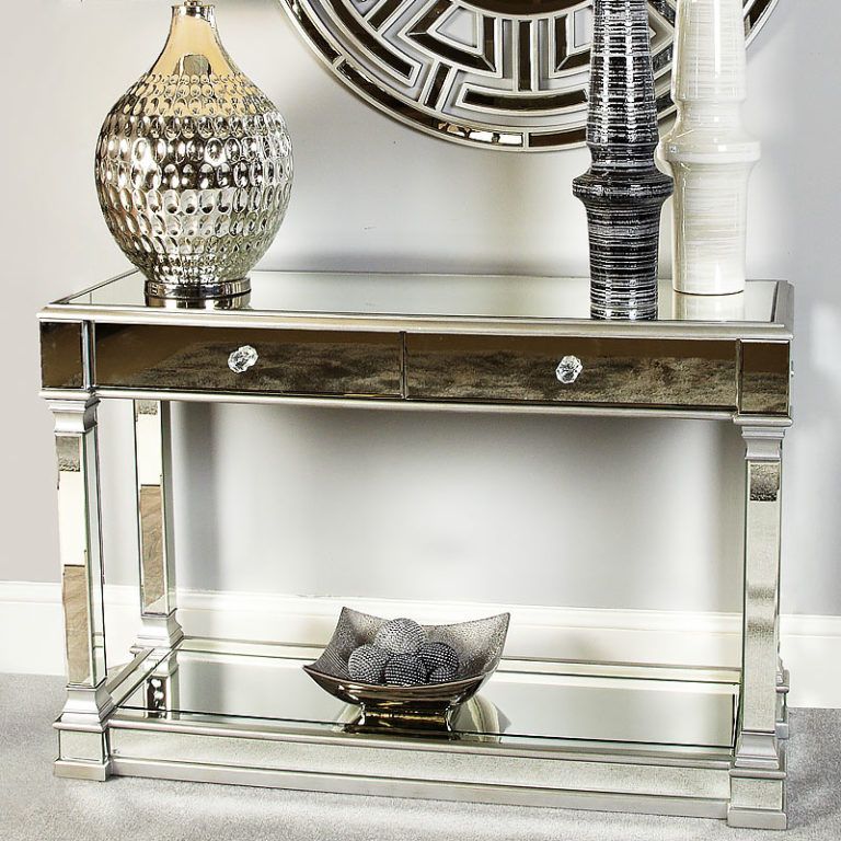 Athens Antique Silver Mirrored 2 Drawer Console Table Dressing Table Inside Silver Console Tables (View 3 of 20)