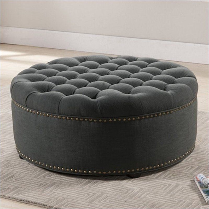 Atlin Designs Round Upholstered Ottoman In Gray 705641442560 | Ebay Intended For Smoke Gray  Round Ottomans (View 12 of 20)