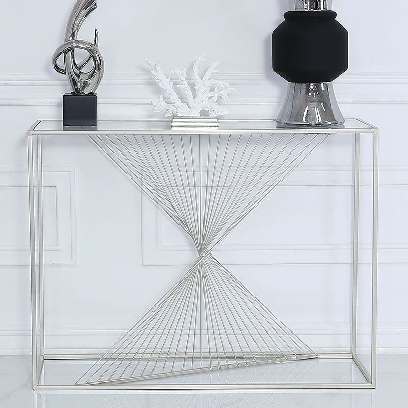 Ava Silver Metal And Clear Glass Console Table With Unique Design Throughout Metallic Silver Console Tables (View 15 of 20)