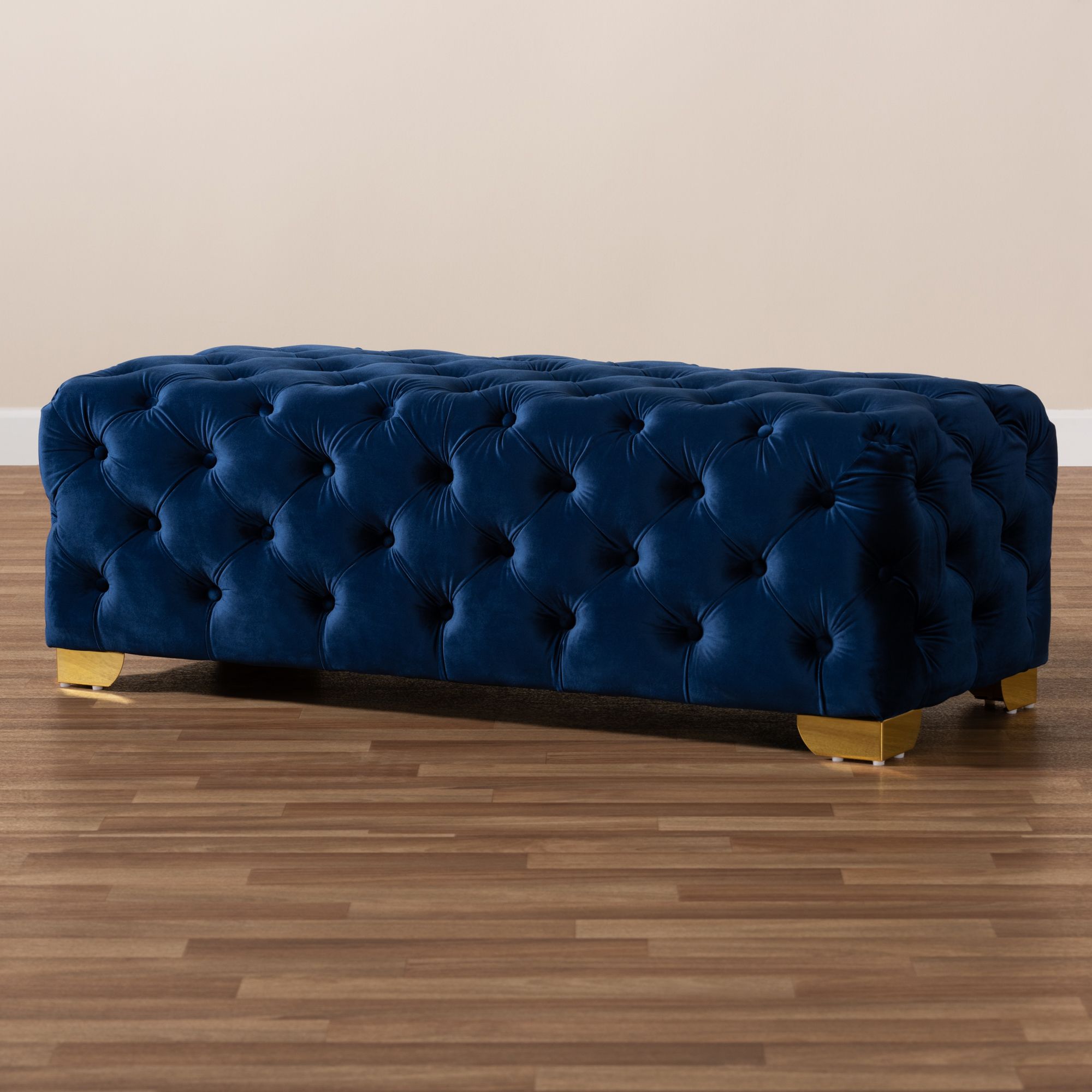 Avara Glam & Luxe Tufted Velvet Fabric Gold Finished Legs 48" Bench With Regard To Gold Chevron Velvet Fabric Ottomans (View 7 of 20)
