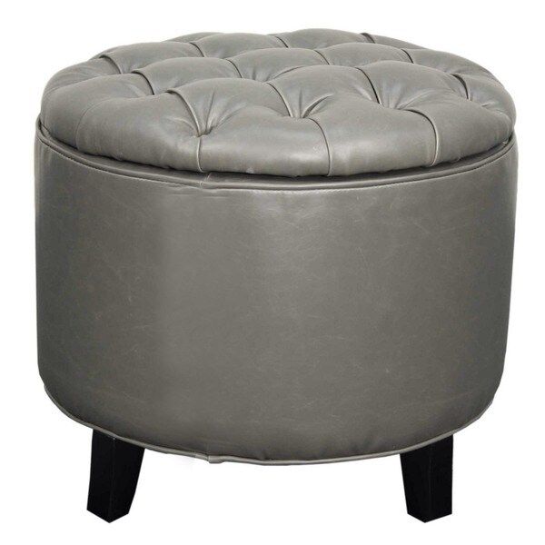 Avery Tufted Bonded Leather Round Storage Ottoman – Overstock – 16105386 Pertaining To Brown Faux Leather Tufted Round Wood Ottomans (View 5 of 20)