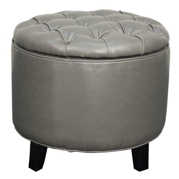 Avery Tufted Bonded Leather Round Storage Ottoman – Overstock – 16105386 Pertaining To Round Blue Faux Leather Ottomans With Pull Tab (View 1 of 20)