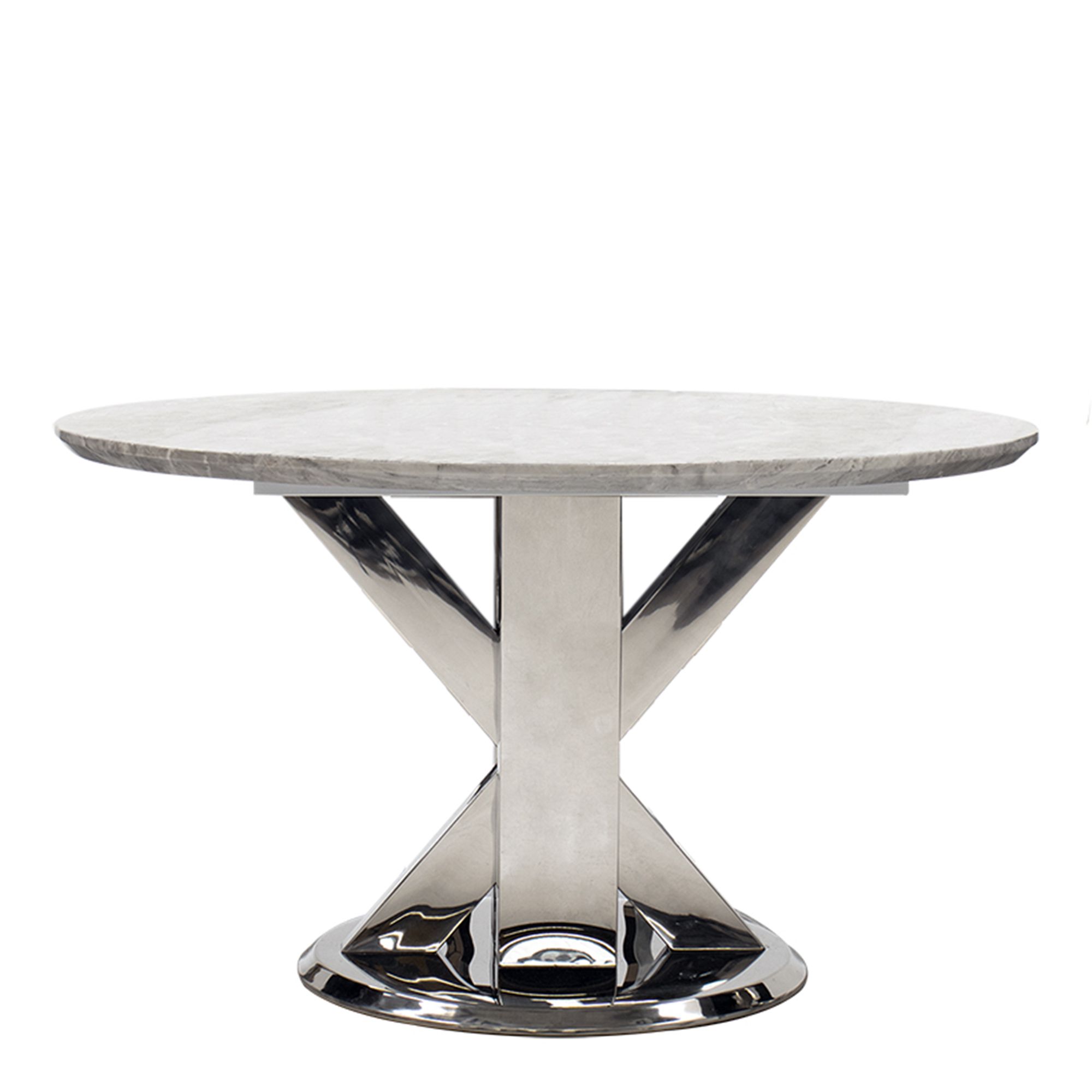 Azaro – 130cm Round Dining Table Grey Marble Top With Chrome Finish Throughout Polished Chrome Round Console Tables (View 15 of 20)