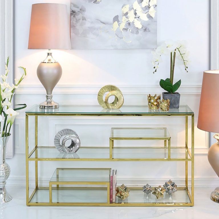 Bailey Gold Steel 3 Tier Console Table With Glass Shelves | Picture For 3 Tier Console Tables (View 3 of 20)