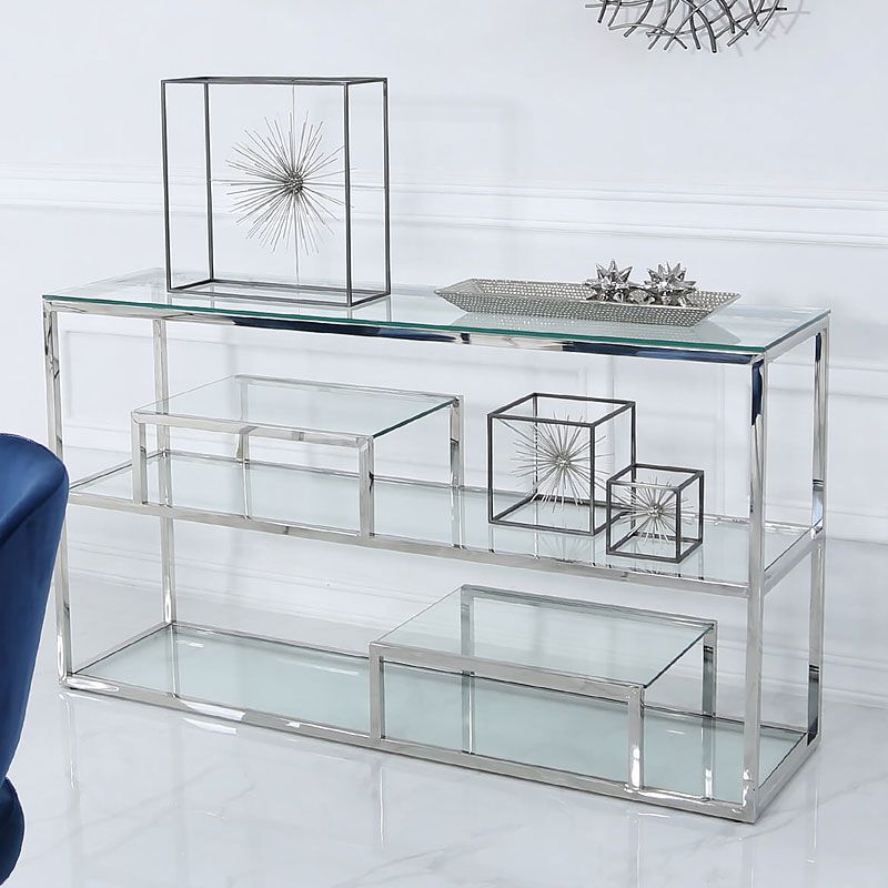 Bailey Stainless Steel 3 Tier Console Table With Glass Shelves Inside 3 Tier Console Tables (View 13 of 20)