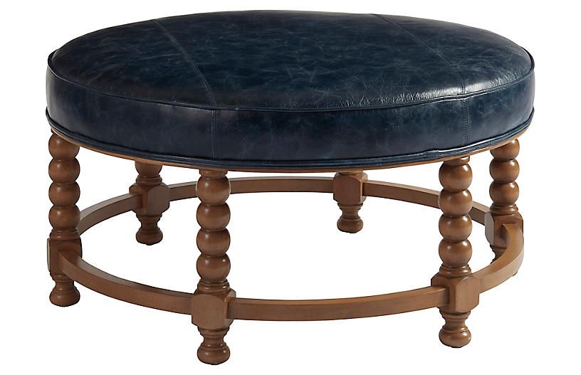 Barclay Butera – Naples Round Cocktail Ottoman, Denim Blue Leather With Regard To Gold And White Leather Round Ottomans (View 20 of 20)