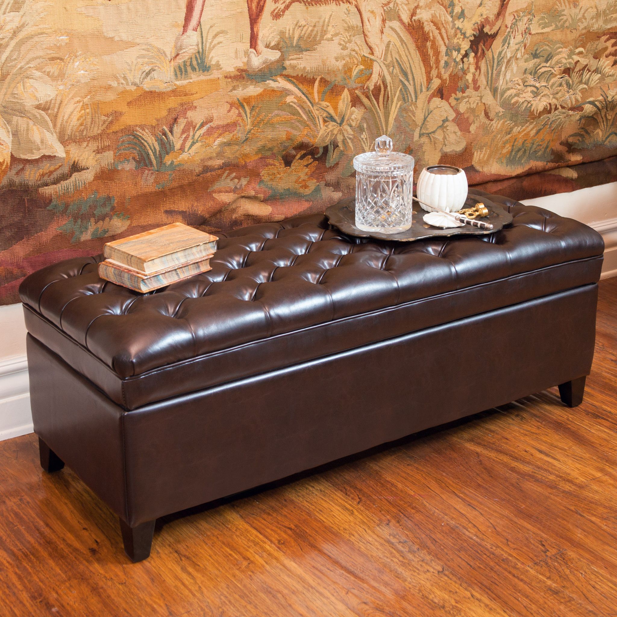 Barton Tufted Brown Leather Storage Ottoman | Leather Storage Ottoman With Regard To Brown Faux Leather Tufted Round Wood Ottomans (View 20 of 20)