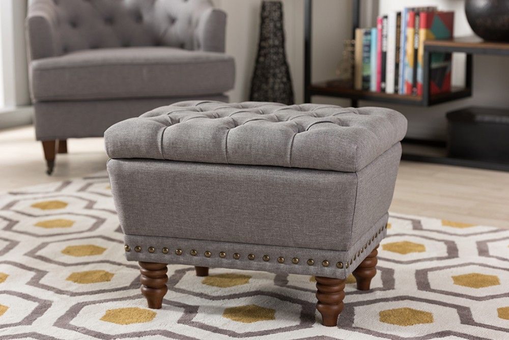 Baxton Studio Annabelle Modern & Contemporary Light Grey Fabric With Light Gray Tufted Round Wood Ottomans With Storage (View 17 of 20)