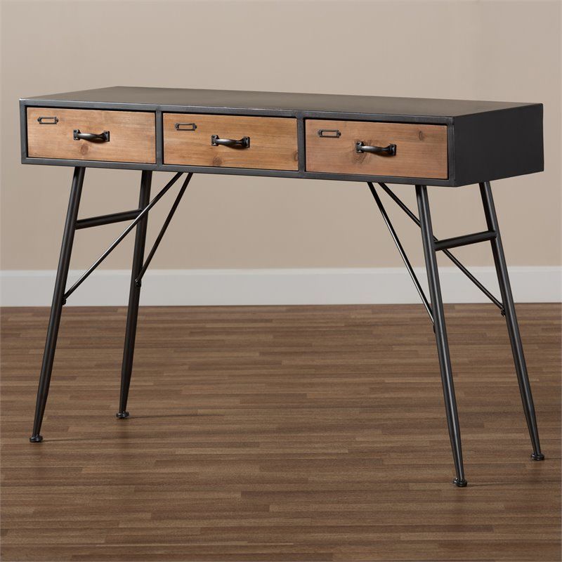 Baxton Studio Ariana Black And Oak Finished Wood 3 Drawer Metal Console Throughout Black And Oak Brown Console Tables (View 7 of 20)