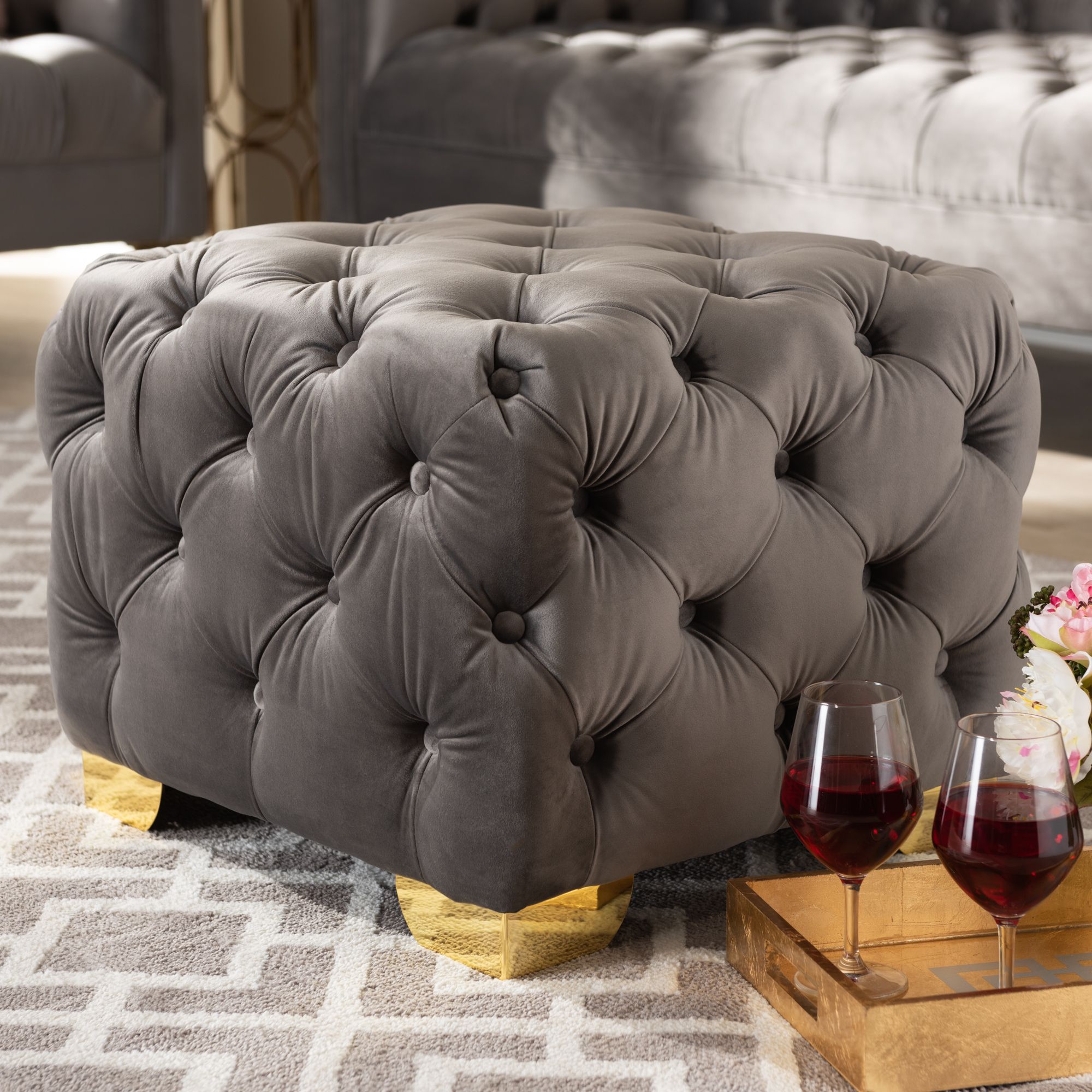 Baxton Studio Avara Glam And Luxe Gray Velvet Fabric Upholstered Gold Intended For Gray Velvet Ottomans With Ample Storage (View 13 of 20)