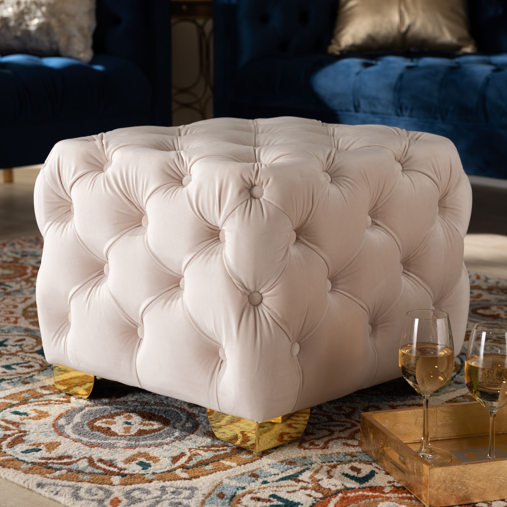 Baxton Studio Avara Glam And Luxe Light Beige Velvet Fabric Upholstered Intended For Cream Fabric Tufted Oval Ottomans (View 17 of 20)