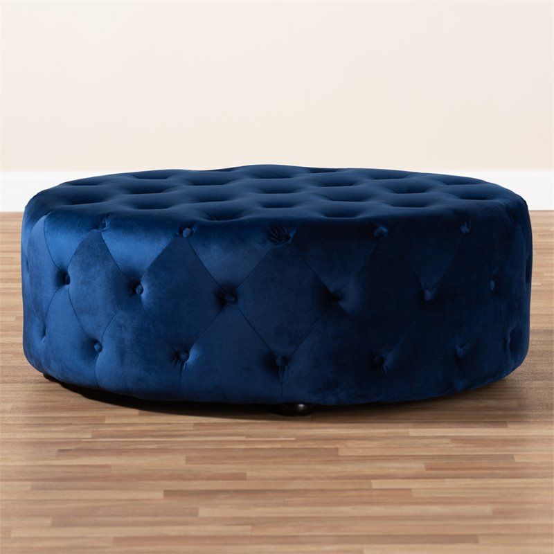 Baxton Studio Cardiff Royal Blue Velvet Upholstered Tufted Ottoman Throughout Royal Blue Tufted Cocktail Ottomans (View 20 of 20)