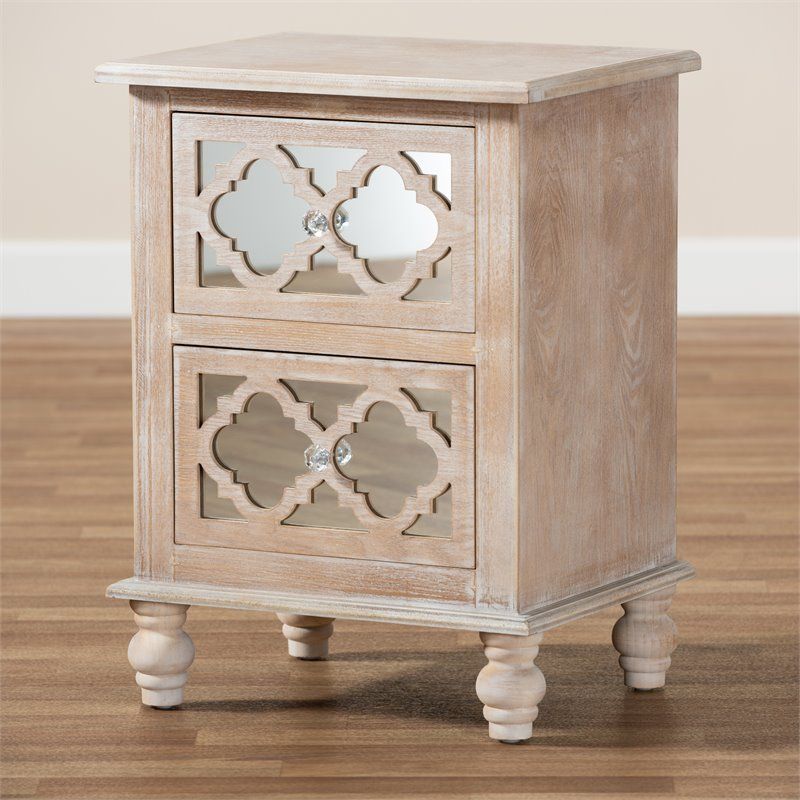 Baxton Studio Celia White Washed Wood And Mirror 2 Drawer Quatrefoil Within White Washed Wood Accent Stools (View 20 of 20)