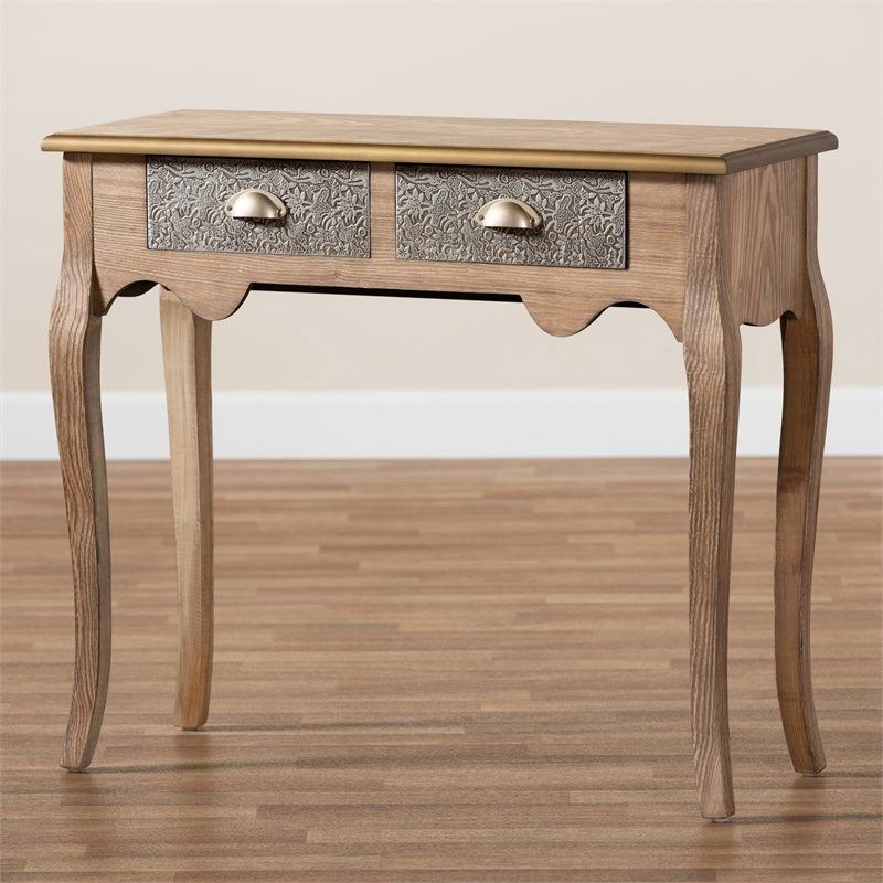Baxton Studio Clarice Wood And Metal 2 Drawer Console Table In Natural With Regard To Brown Wood Console Tables (View 2 of 20)