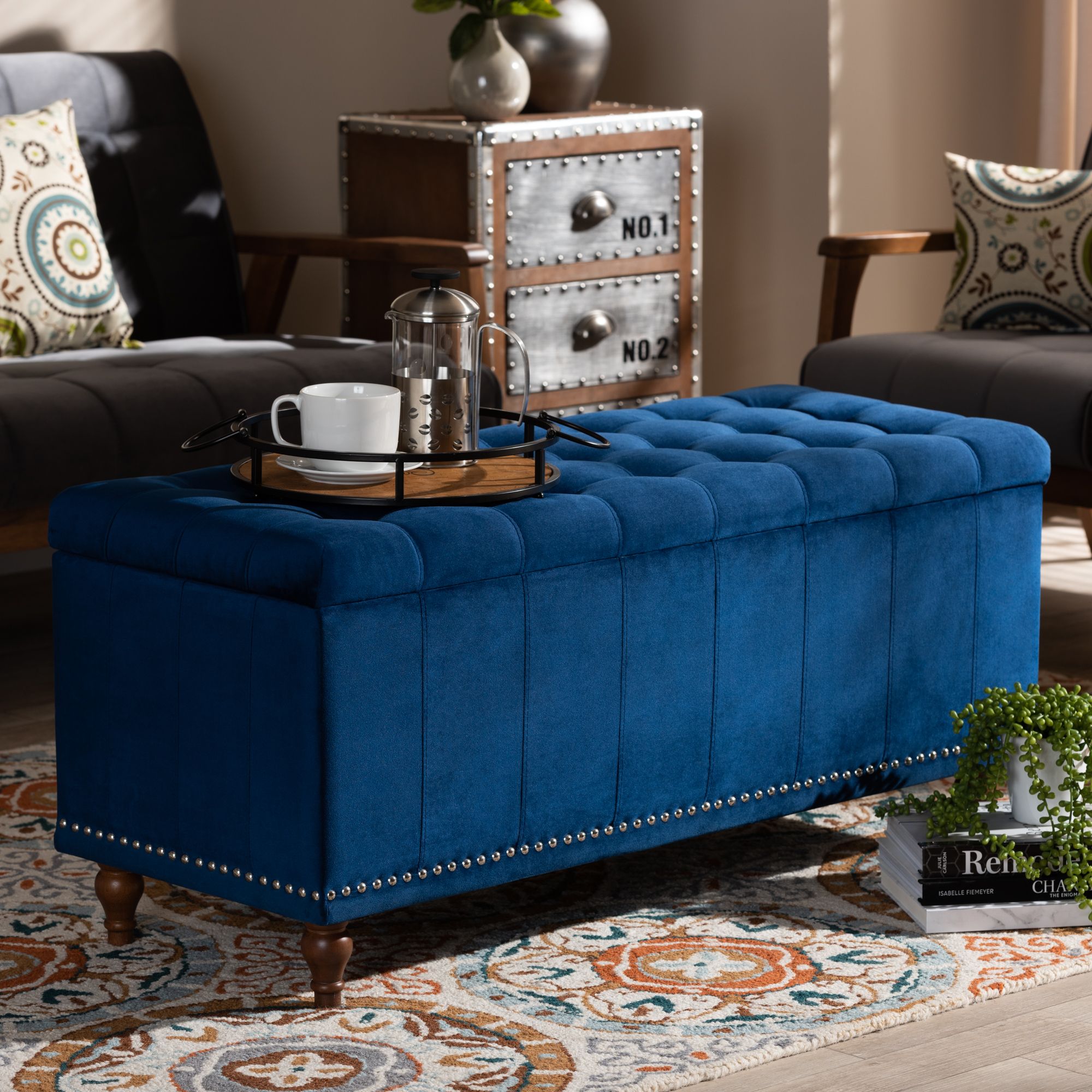 Baxton Studio Kaylee Modern And Contemporary Navy Blue Velvet Fabric Pertaining To Blue Fabric Nesting Ottomans Set Of  (View 17 of 20)