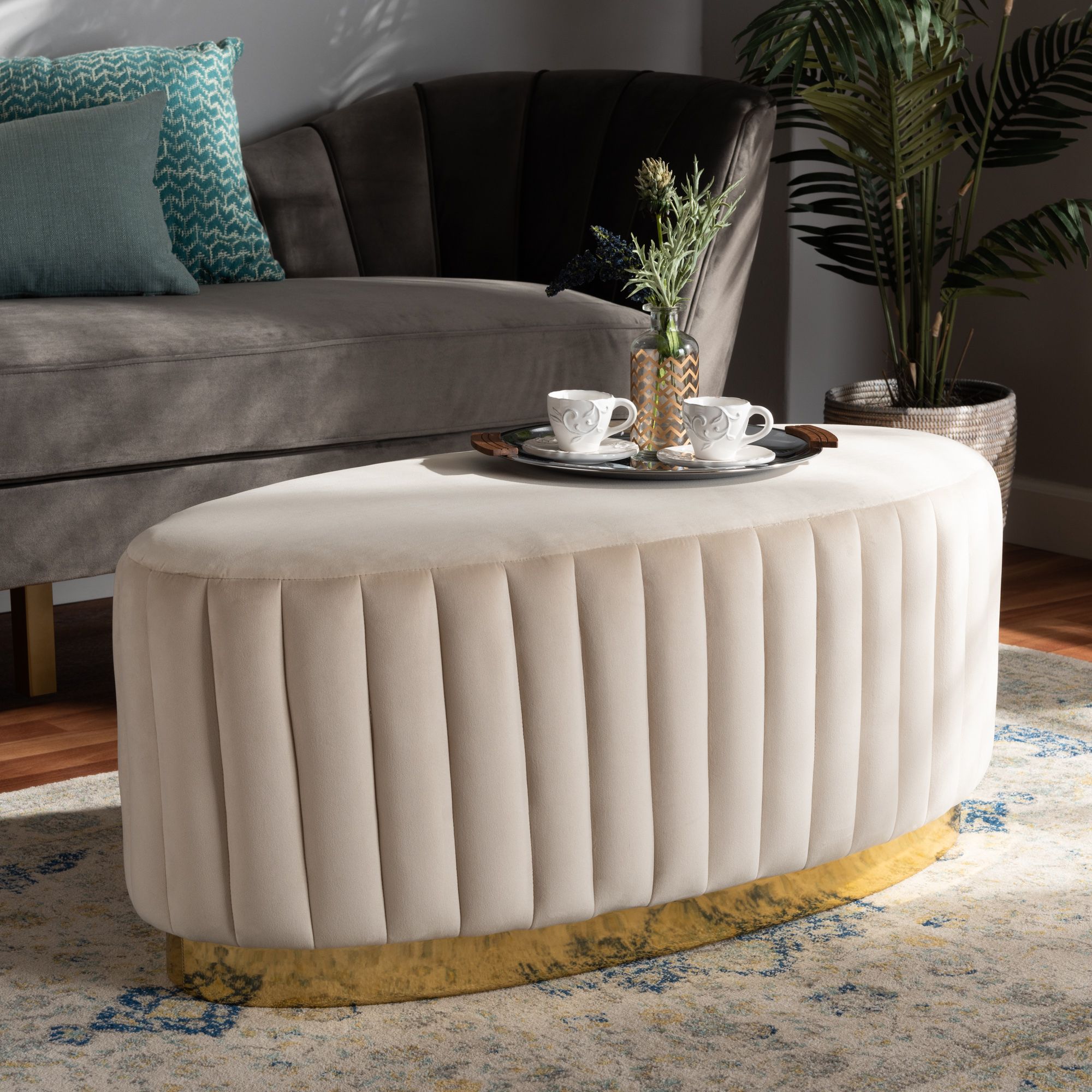 Baxton Studio Kirana Glam And Luxe Beige Velvet Fabric Upholstered And Throughout Beige And Light Gray Fabric Pouf Ottomans (View 8 of 20)