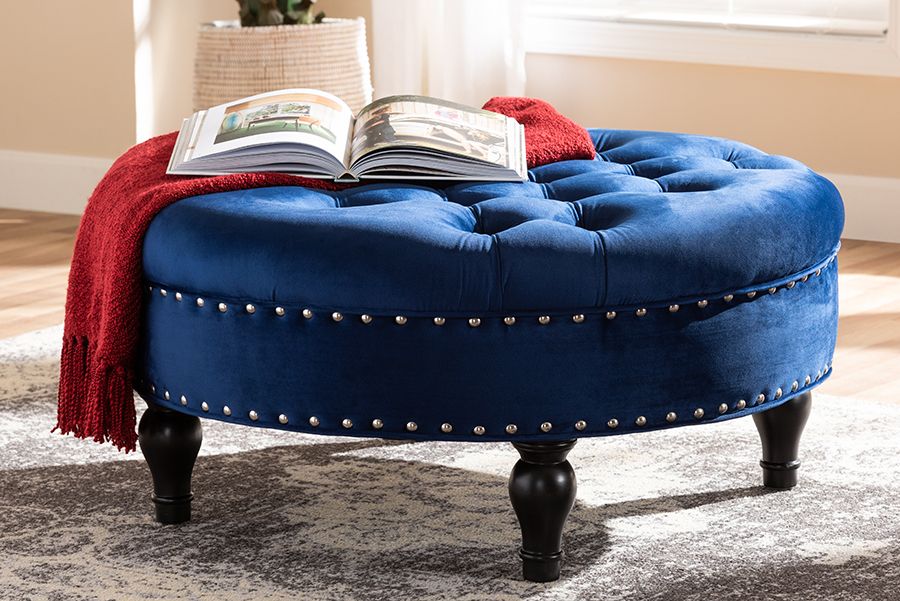 Baxton Studio Palfrey Transitional Blue Velvet Fabric Upholstered With Regard To Royal Blue Tufted Cocktail Ottomans (View 2 of 20)