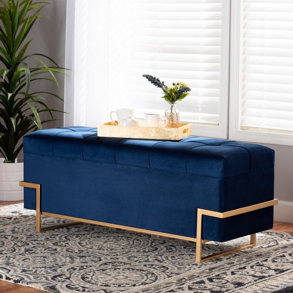 Baxton Studio Parker Glam & Luxe Navy Blue Velvet Upholstered & Gold With Regard To Honeycomb Cream Velvet Fabric And Gold Metal Ottomans (View 6 of 20)