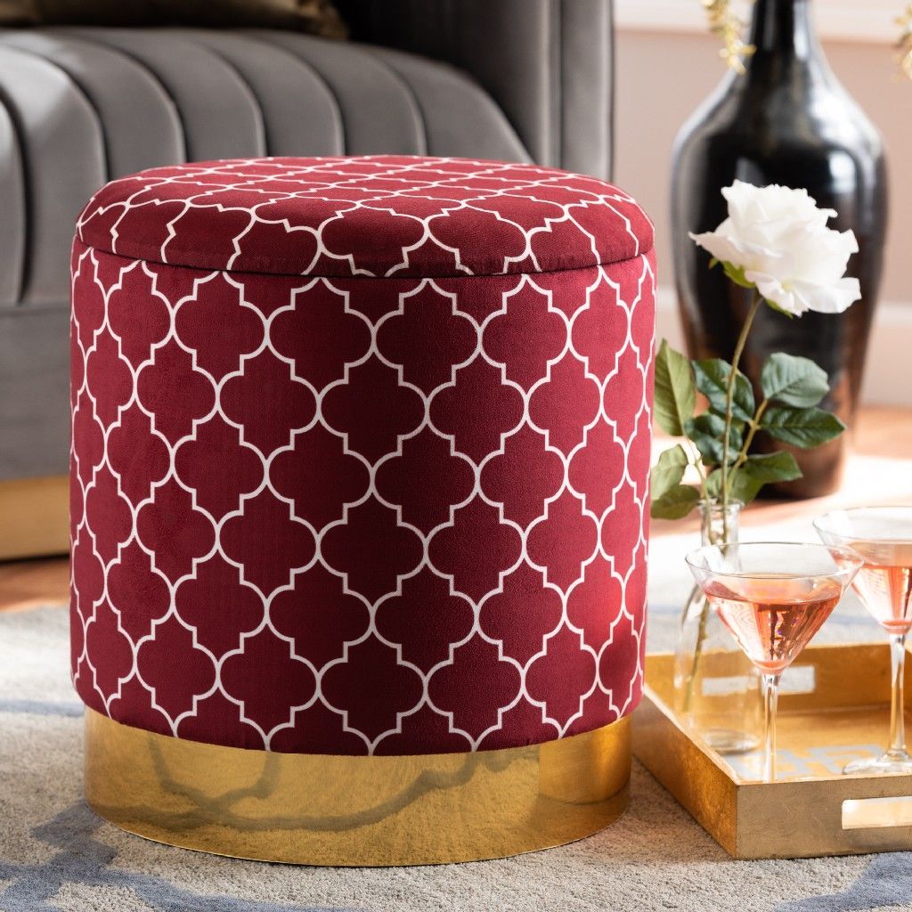 Baxton Studio Serra Glam And Luxe Red Quatrefoil Velvet Fabric Within Red Fabric Square Storage Ottomans With Pillows (View 13 of 20)