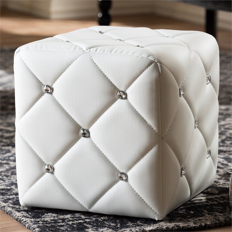 Baxton Studio Stacey 14" Square Faux Leather Ottoman In White With Gold Faux Leather Ottomans With Pull Tab (View 9 of 20)