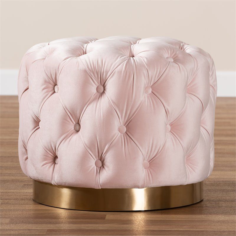 Baxton Studio Valeria Light Pink Velvet Fabric Gold Finished Ottoman Throughout Beige And Light Gray Fabric Pouf Ottomans (View 18 of 20)