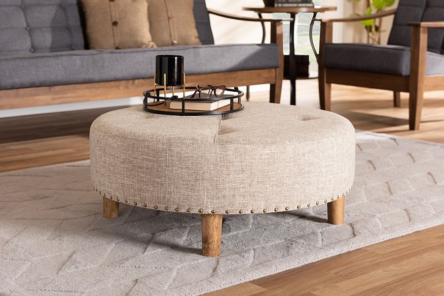 Baxton Studio Vinet Modern & Contemporary Beige Fabric Upholstered Regarding Natural Beige And White Cylinder Pouf Ottomans (View 3 of 20)