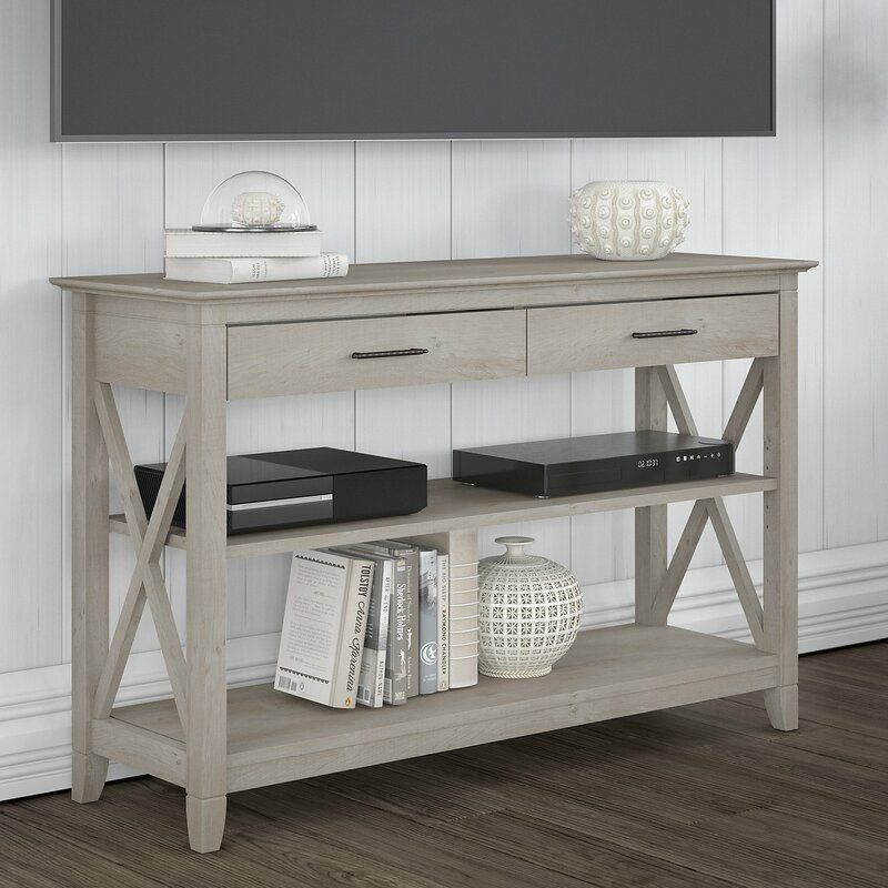 Beachcrest Home Cyra Console Table With Drawers And Shelves In Washed Within Gray Wash Console Tables (View 6 of 20)