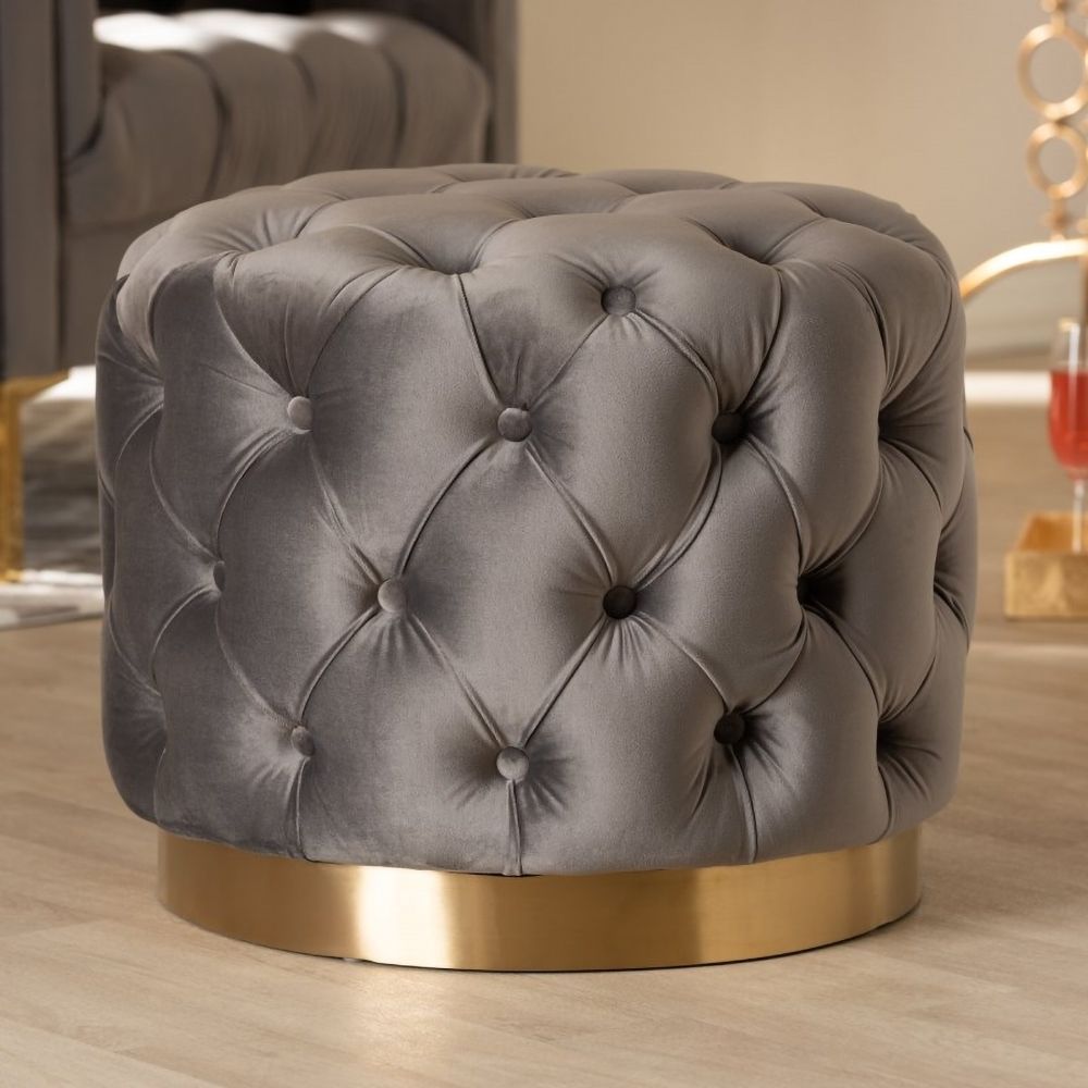 Beige Round Tufted Pouf Ottoman Upholstered Ottoman Footrest In Gold In Intended For Gray Wool Pouf Ottomans (View 12 of 20)