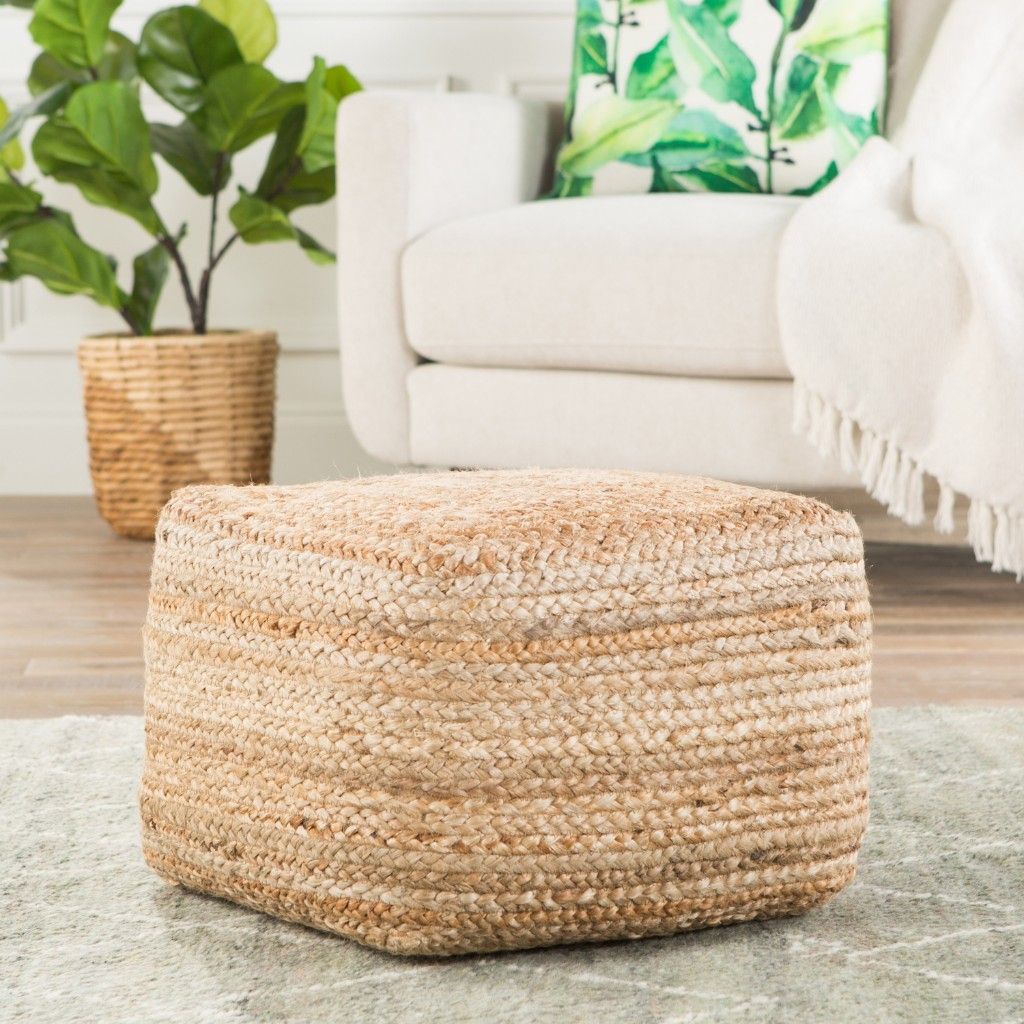 Beige Tan Braided Jute Pouf Footrest Ottoman Square Sturdy Cube Cushion Regarding Natural Beige And White Cylinder Pouf Ottomans (View 4 of 20)