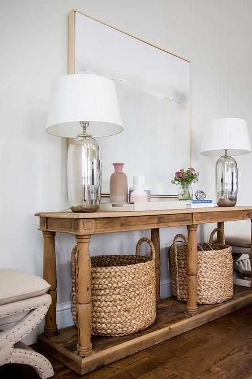 Beige X Stools Flank A Reclaimed Wood Console Table Fitted With A Shelf Throughout Natural Seagrass Console Tables (View 13 of 20)