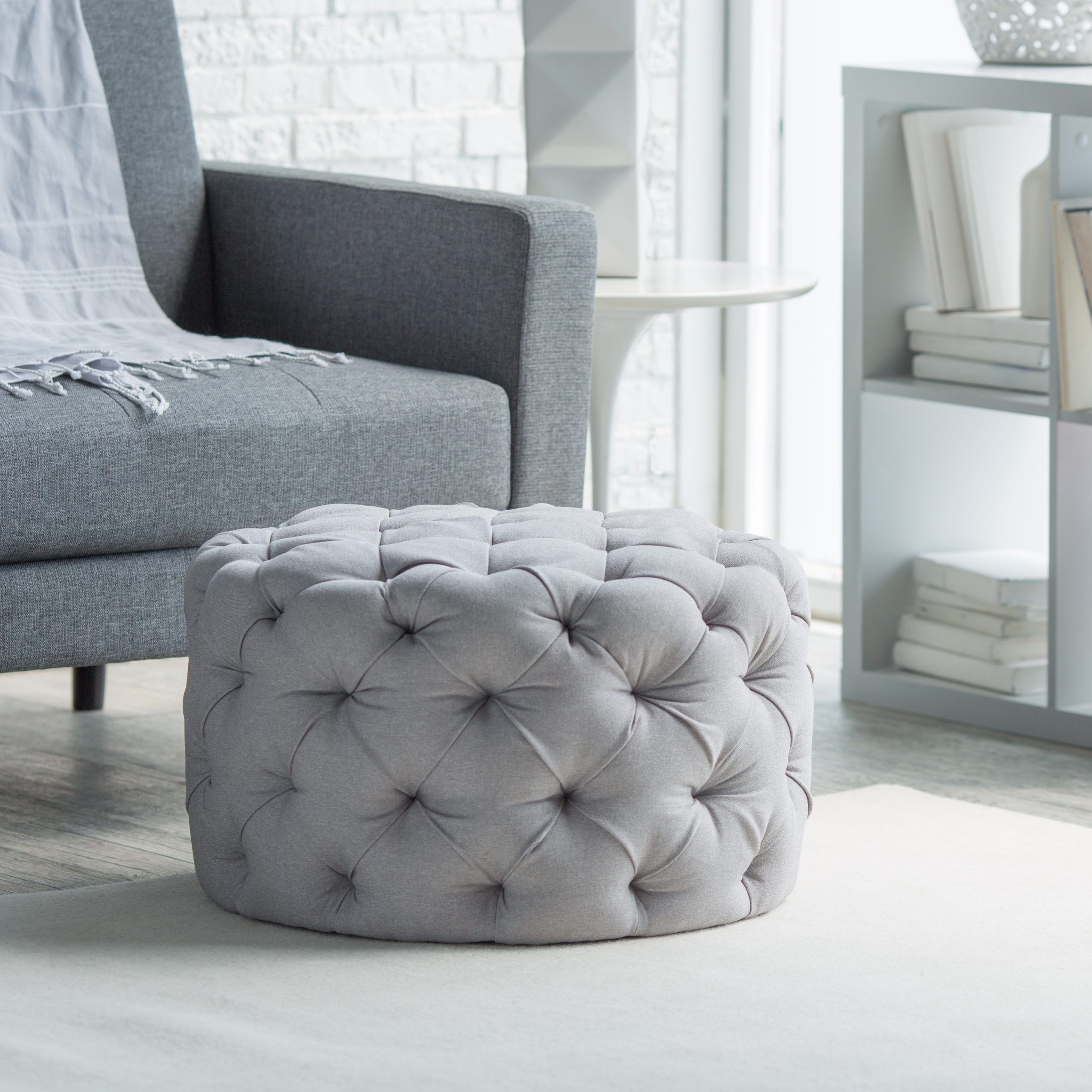 Belham Living Allover Round Tufted Ottoman On Hayneedle – Grey Inside Gray Fabric Tufted Oval Ottomans (View 8 of 20)