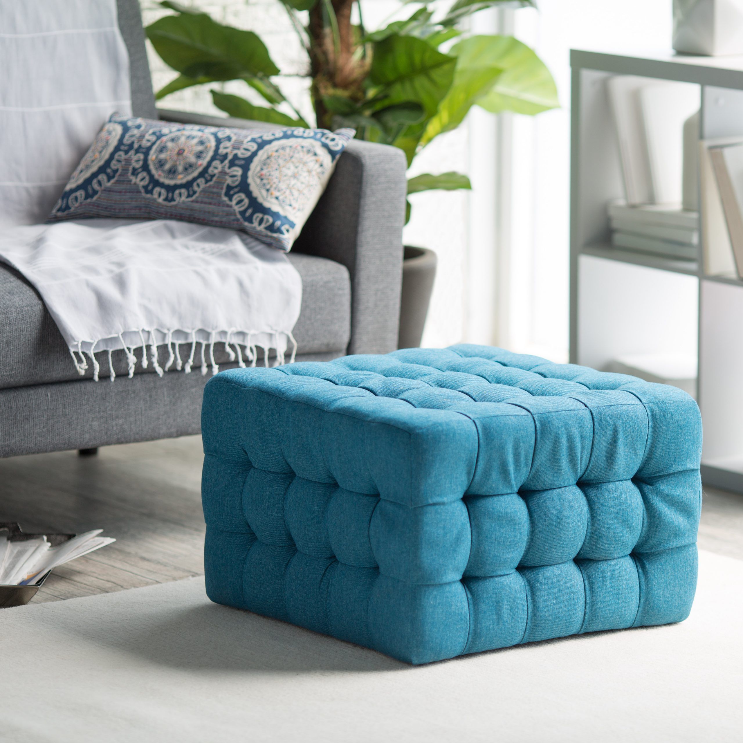 Belham Living Allover Tufted Square Ottoman – Teal – Ottomans At Hayneedle With Green Fabric Square Storage Ottomans With Pillows (View 5 of 20)